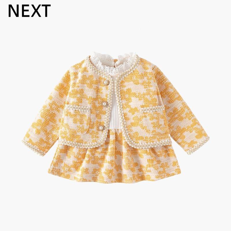 英国NEXT新款洋气女童套装春秋时髦婴儿小香风女宝宝两件套连衣裙