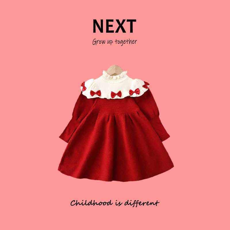 英国NEXT女童毛衣连衣裙秋冬季红色加绒加厚女孩宝宝针织公主裙子