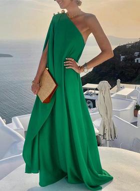 Solid Green One Shoulder Dress欧美度假风绿色单肩长版洋装女