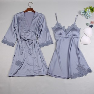 Robe 2 Pcs Sexy Sleepwear Female Pink Night Gown Home Wear
