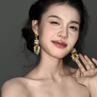 复古欧美做旧风爆闪气质夸张镶嵌水钻小众耳环耳夹耳钉