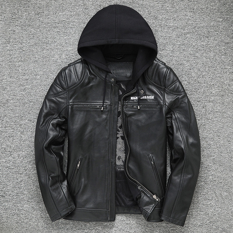 真皮秋季皮外套头层牛皮哈雷机车服可拆卸连帽摩托车服外套皮衣男
