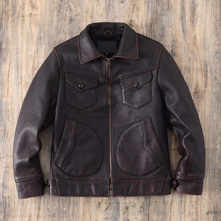 美式复古门多萨农场主重水洗做旧皮衣男头层牛皮机车夹克真皮外套
