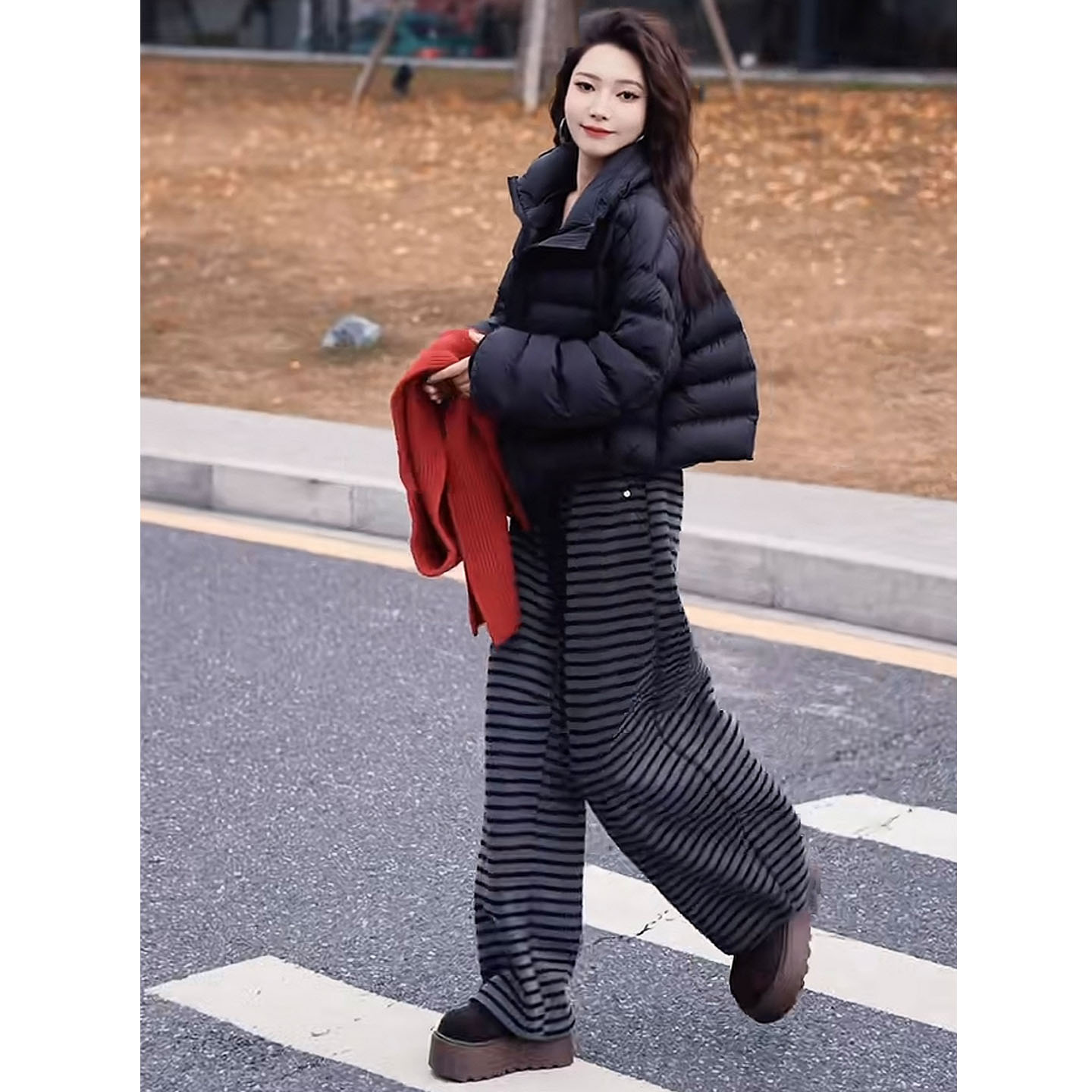 冬季加绒条纹休闲裤女加厚宽松