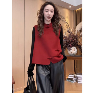 2026新中式国风毛呢马甲女春季宽松显瘦纯色盘扣背心外穿减龄洋气