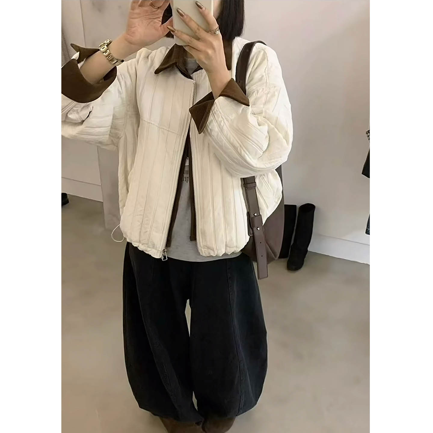 秋冬二棉薄棉衣女衬衫领拼接撞色