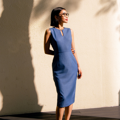 天丝牛仔连衣裙女2026夏新款修身显瘦无袖职场铅笔裙