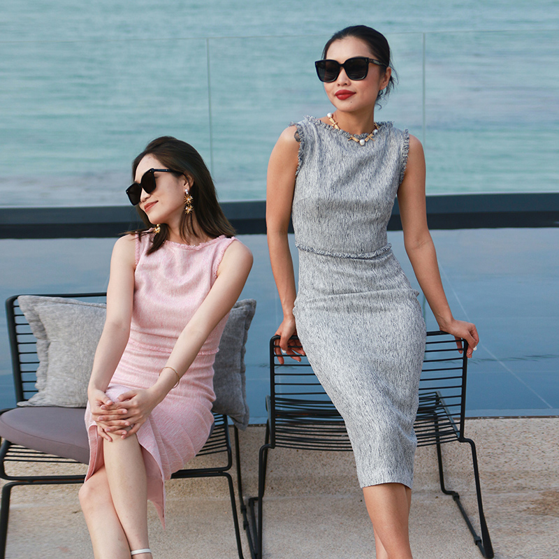 BRAND BYMEI修身连衣裙休闲女夏亚麻重工艺流苏经典圆领无袖长裙