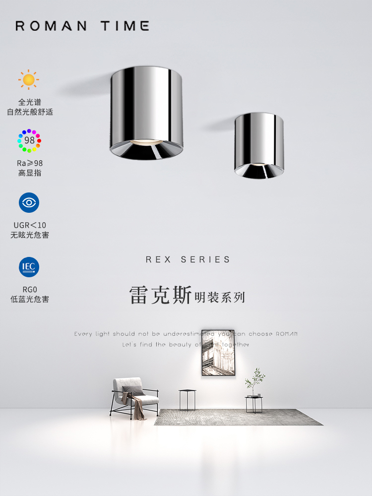 表面安装直圆形电镀银聚光灯全光谱客人餐厅高显色金属纹理可访问