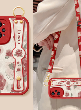 适用真我q5手机壳Q5i新款女士realme真我q5pro红色玫瑰腕带支架挂绳小羊皮高级感保护套防摔硅胶软简约后外壳