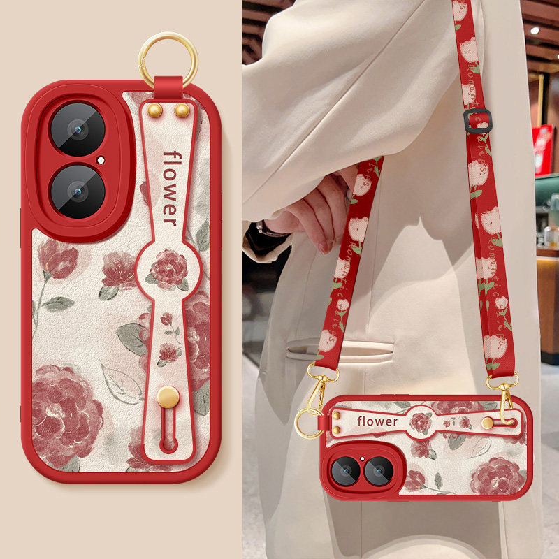 适用华为畅享80手机壳70pro新款女70s红色玫瑰70x尊享版腕带支架挂绳70z小羊皮70x活力版防摔保护套硅胶软壳
