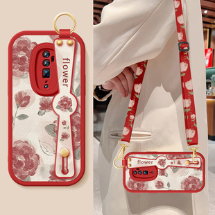 适用opporeno2手机壳reno2z新款女生renoz红色玫瑰腕带支架挂绳小羊皮OPPO保护套防摔reno10倍硅胶软0pp0外壳