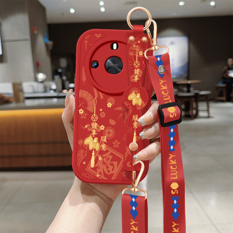 适用荣耀x50手机壳x50GT新款女华为honorx50i+红色小马带挂绳x50i小羊皮x50pro硅胶软壳DIO-AN00新年保护套外