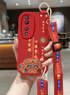 荣耀70手机壳70pro新款小羊皮保护套诸事皆顺背带斜跨腕带挂绳70pro+华为honor硅胶软壳pro十FNE-AN00女适用