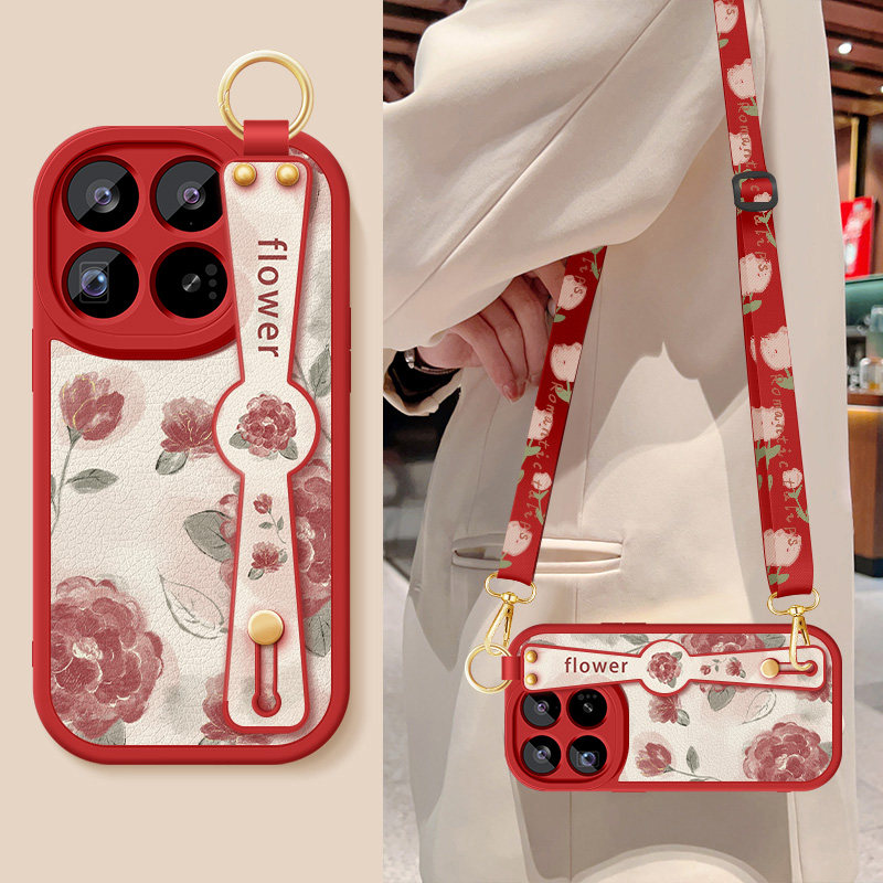 适用小米15手机壳xiaomi15spro新款女士MIUI15ultra红色玫瑰腕带支架挂绳15Pro小羊皮保护套硅胶软5G防摔外壳