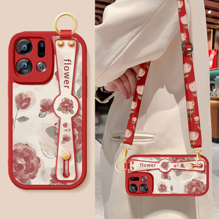 适用oppofindx9手机壳新款女生Findx9Pro红色玫瑰腕带支架挂绳OPPO保护套硅胶软5G防摔PLJ110高级PLG110外壳