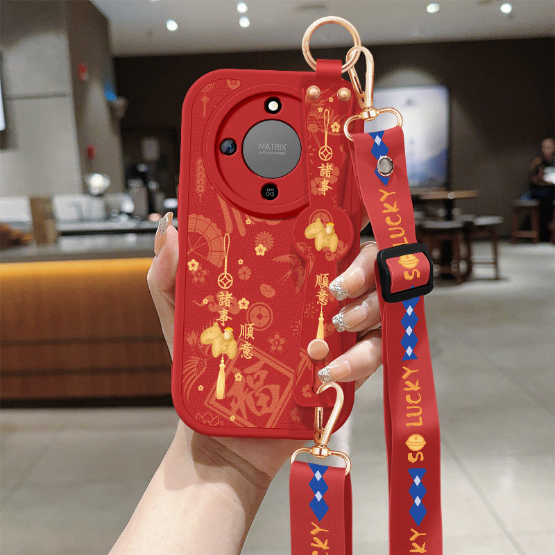 适用荣耀x70手机壳honorX70i新款小羊皮防摔华为叉七零新年保护套红色小马带挂绳硅胶软壳MTN-AN00女士保护套