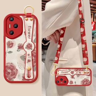 适用荣耀400手机壳honor400pro新款女华为红色玫瑰腕带支架挂绳DNN-AN00小羊皮防摔5G硅胶软外DNP-AN00保护套