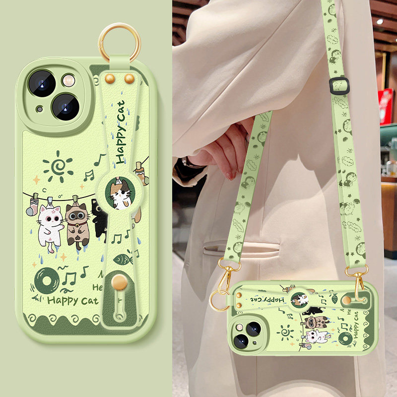 适用苹果15手机壳iphone16pro新款女生IP15plus卡通小猫腕带支架挂绳14promax小羊皮ip16e硅胶15promax保护套