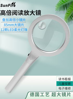 Sunfire高功率20倍手持式老人读报放大镜地图高清光学玻璃镜面金