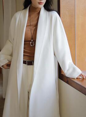 KRM2024白色气质慵懒风高级感长款羊毛双面呢大衣外套女秋冬