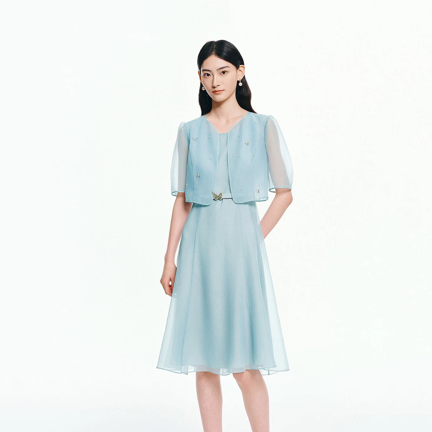 珂莱商场同款2026夏季新款女装浅冰蓝色法式温柔两件套雪纺连衣裙