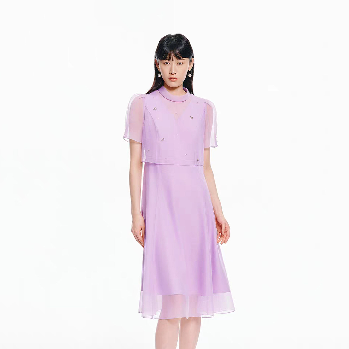 珂莱商场同款2026年夏季新款女装法式千金风欧根纱珠钻修身连衣裙