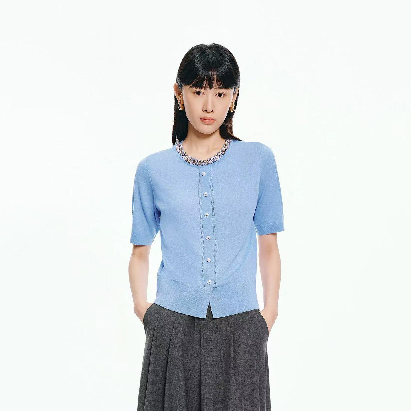 气质千金风手动钉珠短袖针织衫女