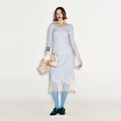 AtelierMissLu【浅海白沙】2024秋冬加长蕾丝拼接羊绒羊毛半裙