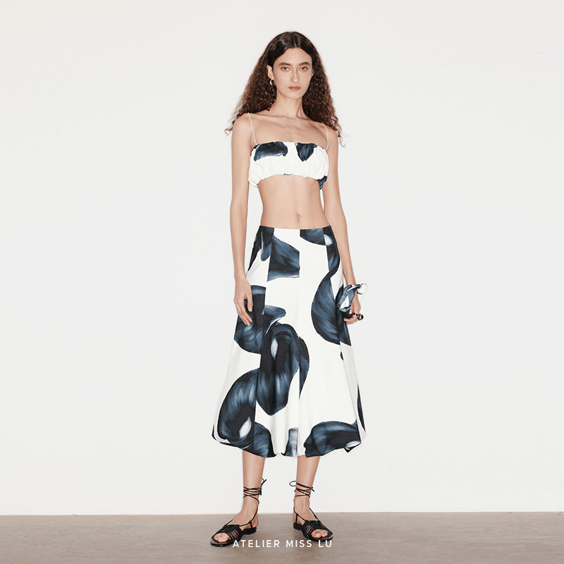 马蹄莲印花中长款花苞半裙