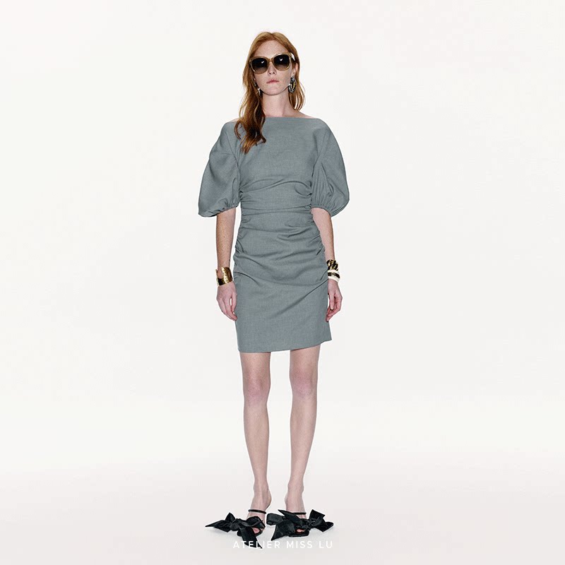 AtelierMissLu【奥菲利亚】正品2025春夏一字领修身廓形袖连衣裙