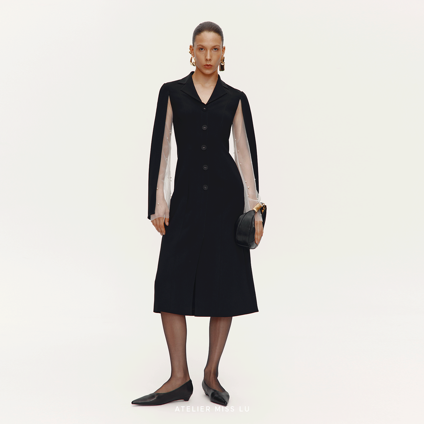 AtelierMissLu【帕特农暮纱】2025秋冬珍珠点缀纱袖西装连衣裙