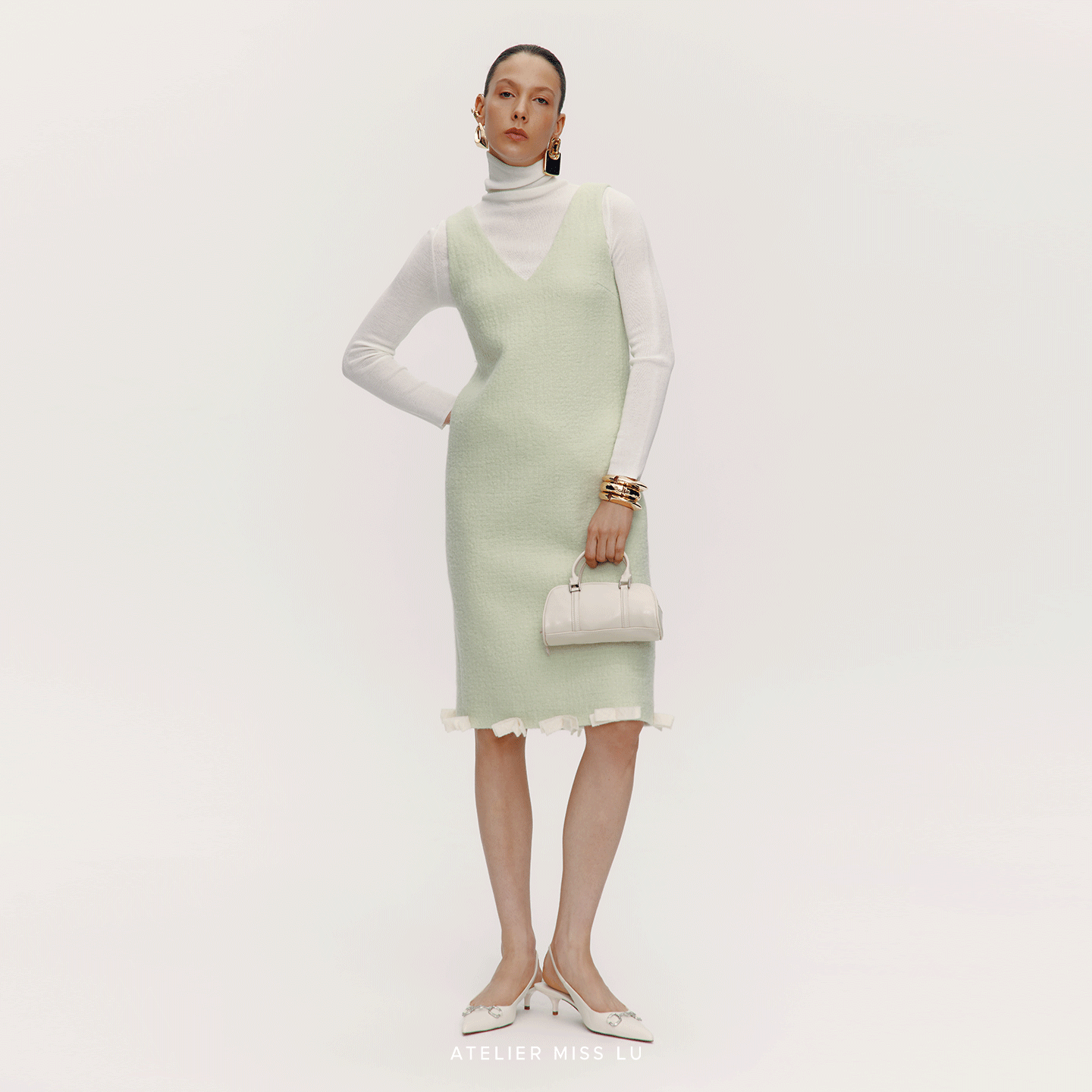 AtelierMissLu【大溪地花园】2025秋冬蝴蝶结拼接绵羊毛连衣裙