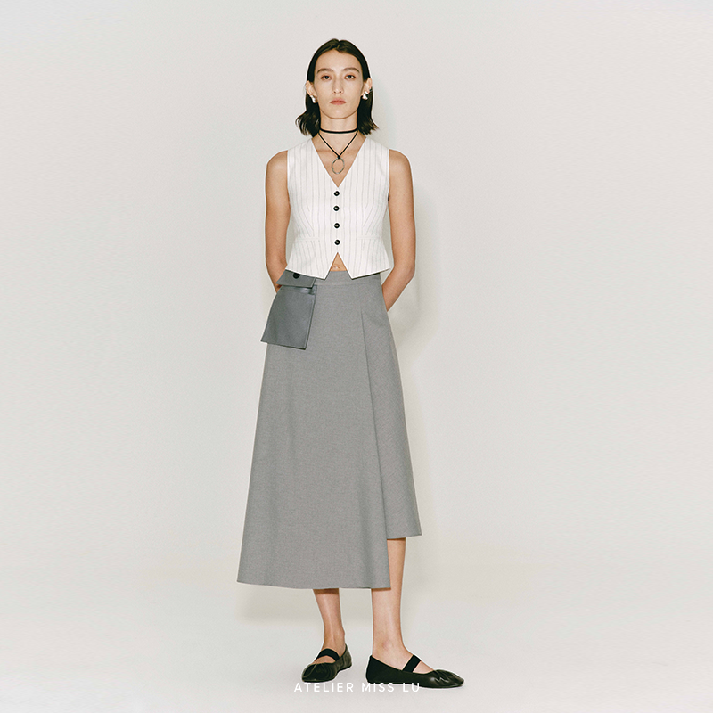 可拆卸口袋拼接不规则A字半裙