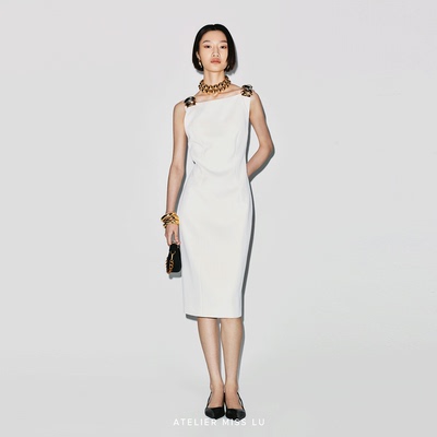 AtelierMissLu【月光贝语】贝壳样式金属装饰露背修身连衣裙