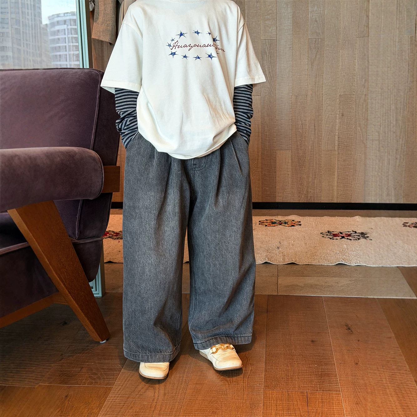 秋季男女童纯棉砂洗阔腿牛仔裤