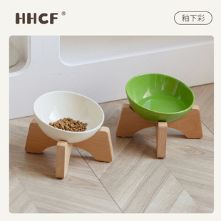 大口径斜口碗陶瓷猫碗狗碗大脸猫咪宠物碗猫喝水碗榉木高脚猫粮碗