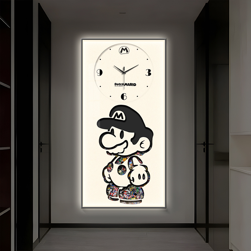 卡通马里奥玄关装饰画钟表挂钟客厅超级玛丽挂画发光创意时钟壁灯图片