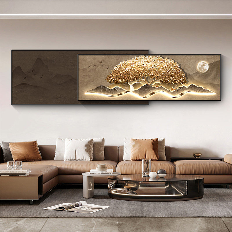 现代轻奢发财树客厅装饰画钟表挂钟大气沙发背景墙叠加挂画带时钟