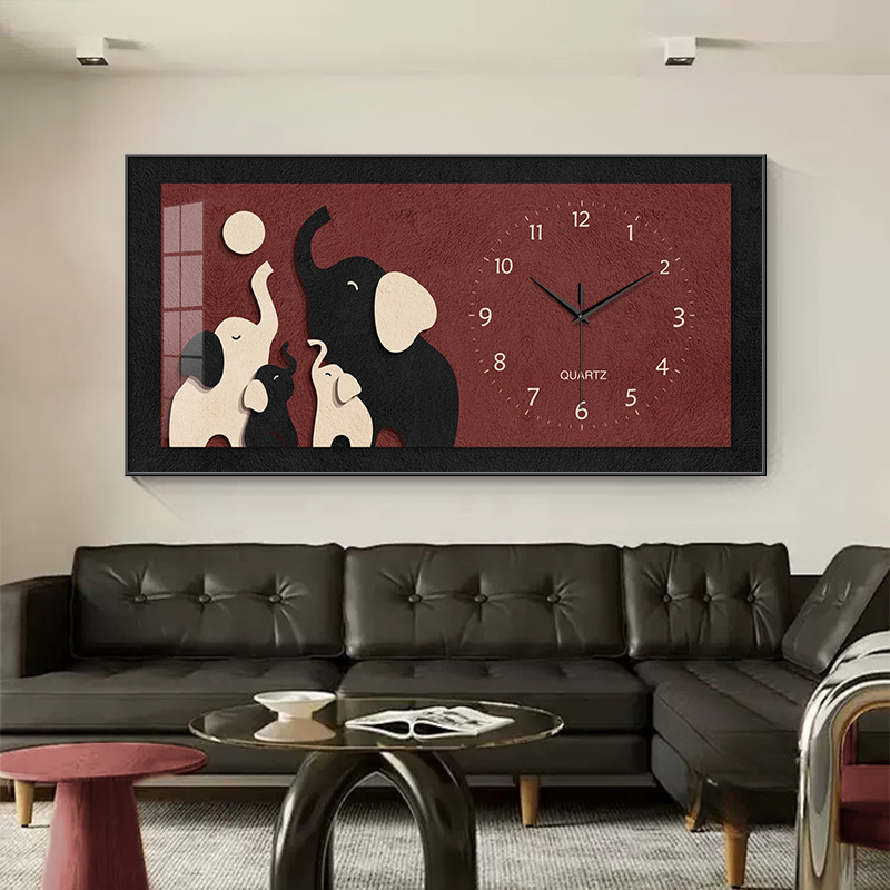 中古风餐厅钟表挂画吉象麋鹿寓意好装饰画法式美拉德复古艺术时钟图片