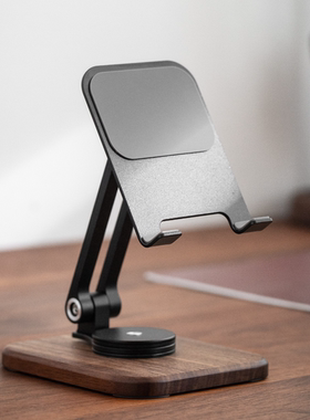 黑胡桃木手机支架2025新款桌面铝合金360°旋转便携折叠直播追剧懒人支架实木手机架ipad架创意木制平板支架