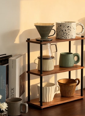 实木杯架桌面置物架中古咖啡杯子光轴收纳架胡桃木餐边柜展示架子