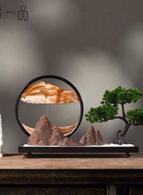 迎客松水墨江山流沙画摆件新中式入户玄关茶室禅意办公桌装饰品