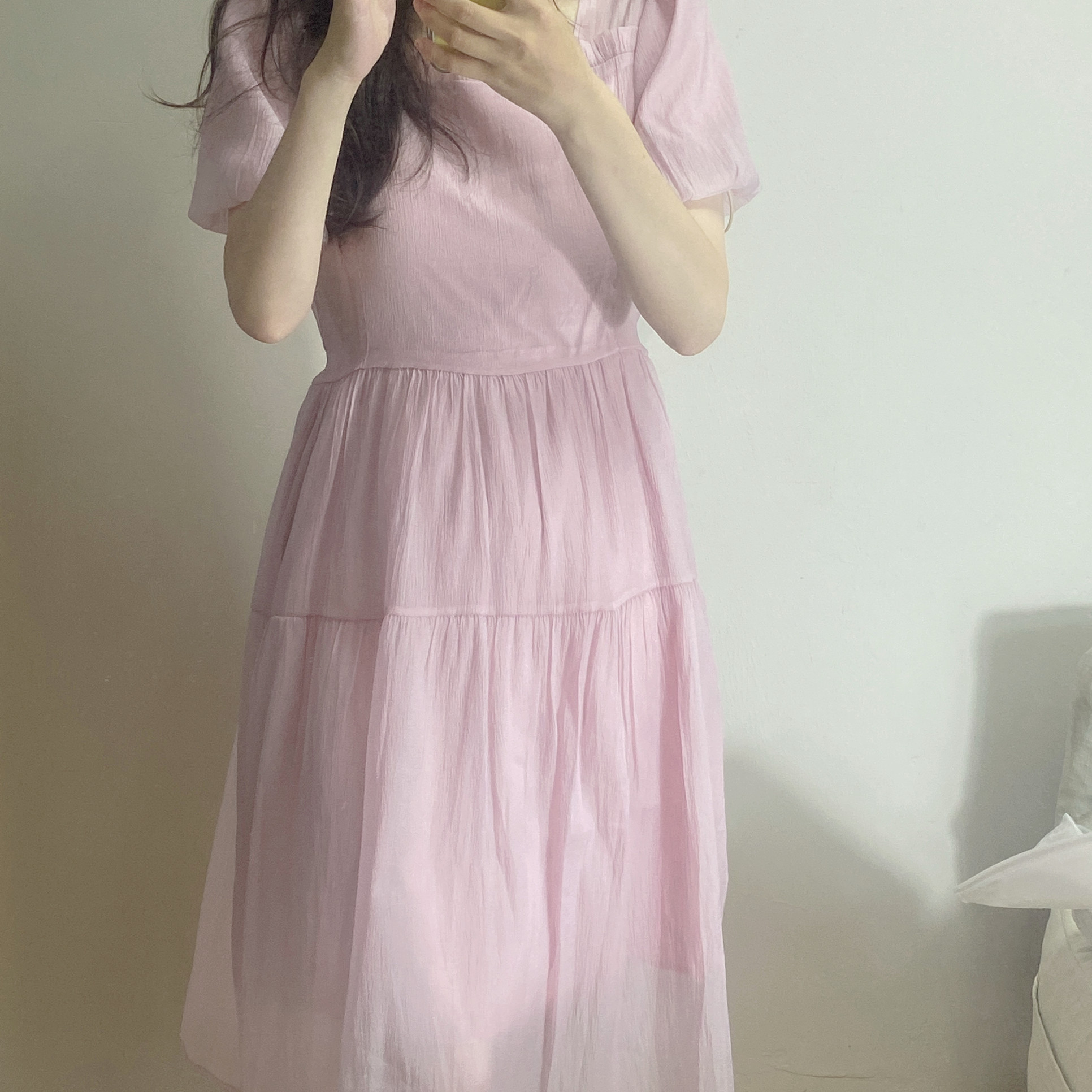 2025超仙公主风新款女士简约纯色淑女修身少女粉连衣裙