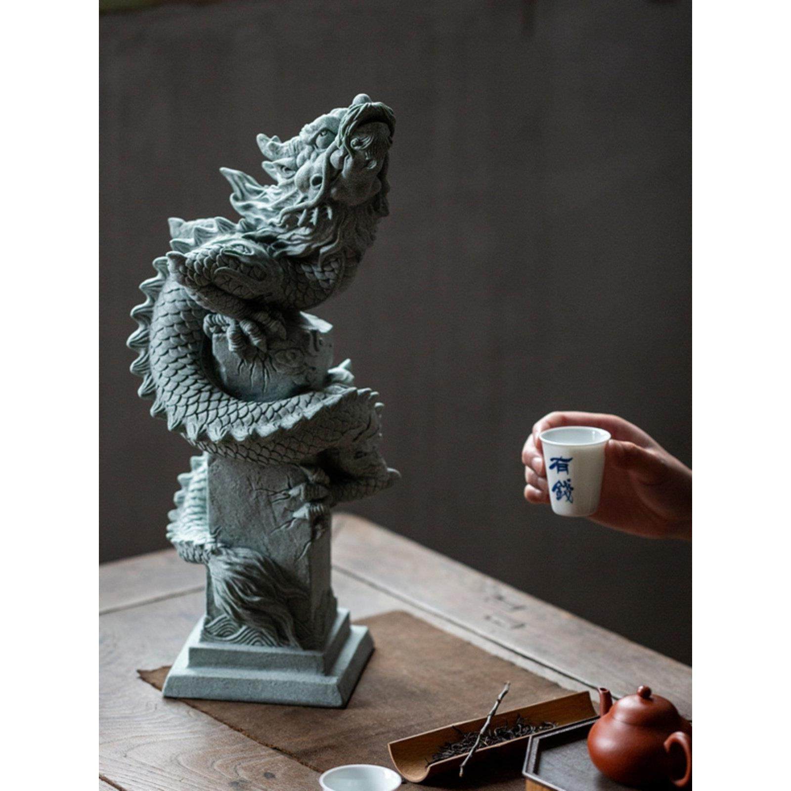 碌心 中式创意国潮盘龙石柱 青砂石逗兽记家居装饰摆件鱼缸造景,家居饰品,桌面摆件,淘宝优惠券,粉丝福利购,淘宝优惠卷