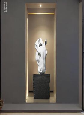 台新中式轻奢展厅客厅装饰品尊马首部动物摆件艺术落地摆设工艺品