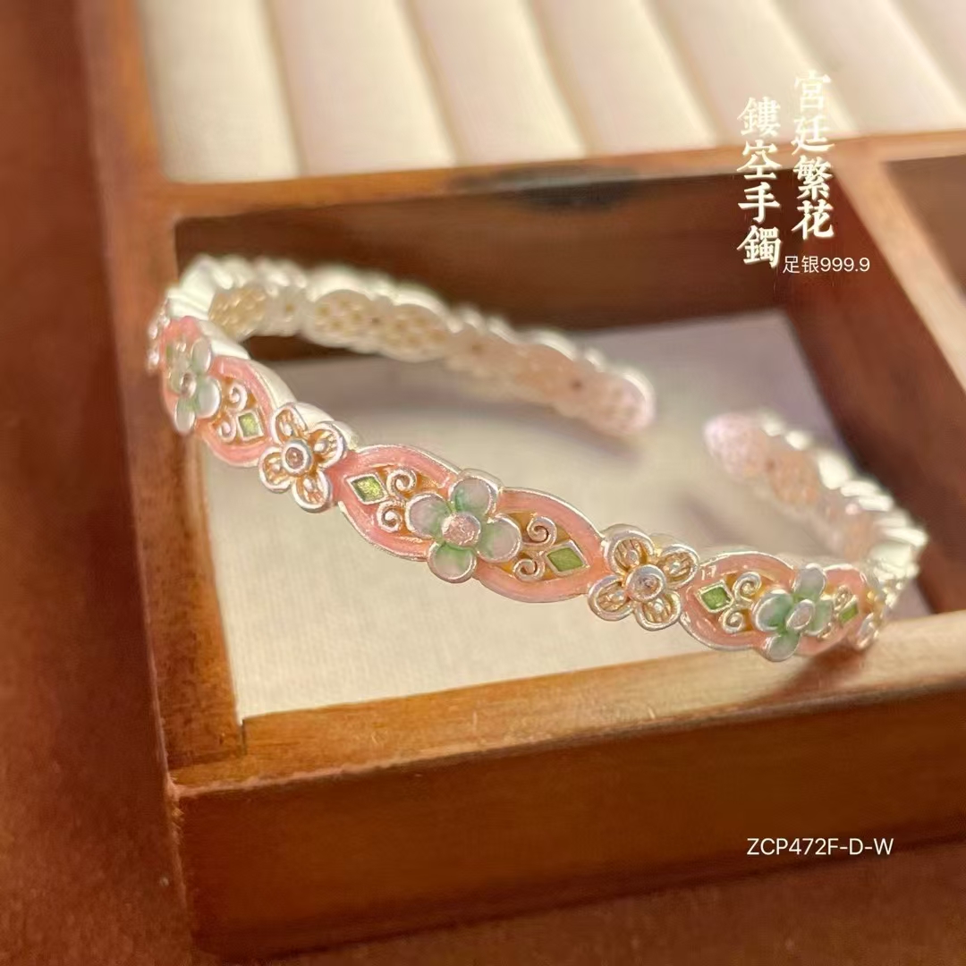 足银9999纯银描金珐琅彩繁花手镯女实心开口新中式银镯子送女友