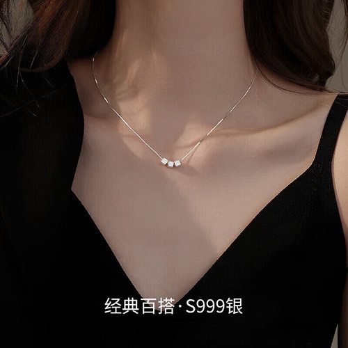 s999纯银方糖项链2025小众女锁骨链高级流行不过敏真银项坠送女友