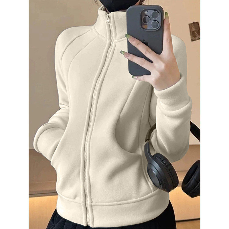 摇粒绒内胆加绒卫衣女春秋季上衣修身冲锋衣内搭抓绒拉炼 炼 开