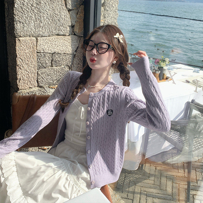 苏三三 紫色针织开衫2025新款超火今年超好看外套春秋麻花上衣